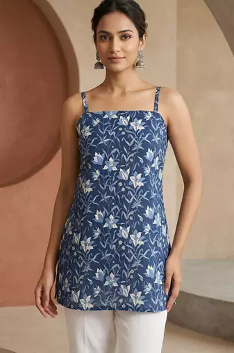 Blue  pure cotton printed tunic for women