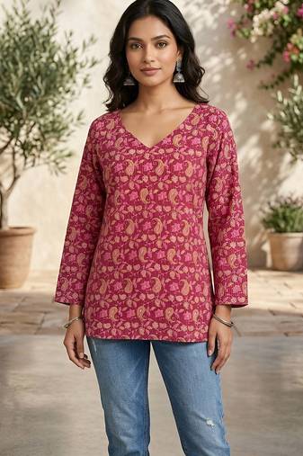 Pink  pure cotton printed tunic for women