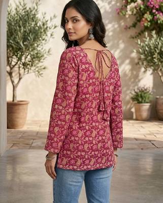 Pink  pure cotton printed tunic for women 2