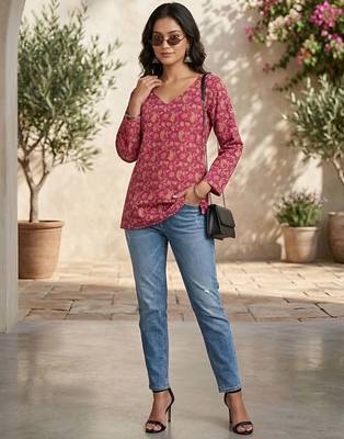 Pink  pure cotton printed tunic for women 3