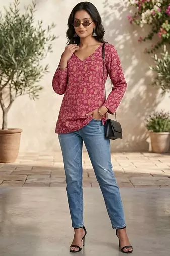 Pink  pure cotton printed tunic for women