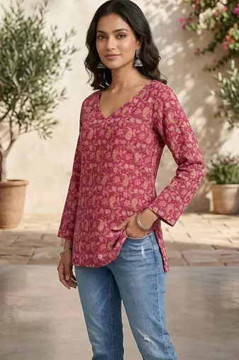 Pink  pure cotton printed tunic for women