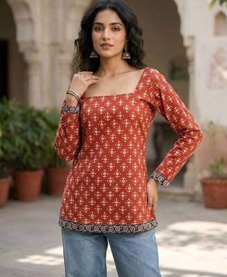 Red  pure cotton printed tunic for women 1