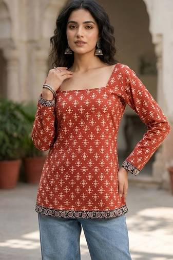 Red  pure cotton printed tunic for women