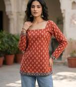 Red  pure cotton printed tunic for women