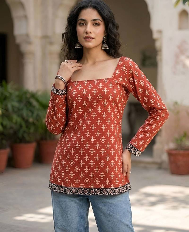 Red  pure cotton printed tunic for women