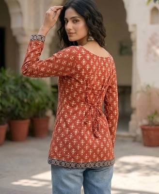 Red  pure cotton printed tunic for women 2