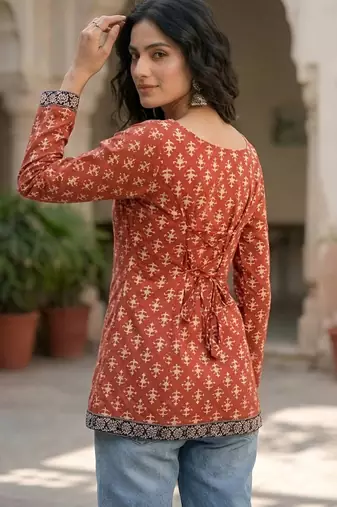 Red  pure cotton printed tunic for women
