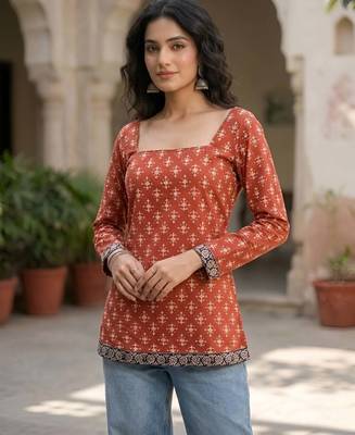 Red  pure cotton printed tunic for women 5