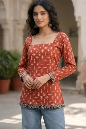 Red  pure cotton printed tunic for women