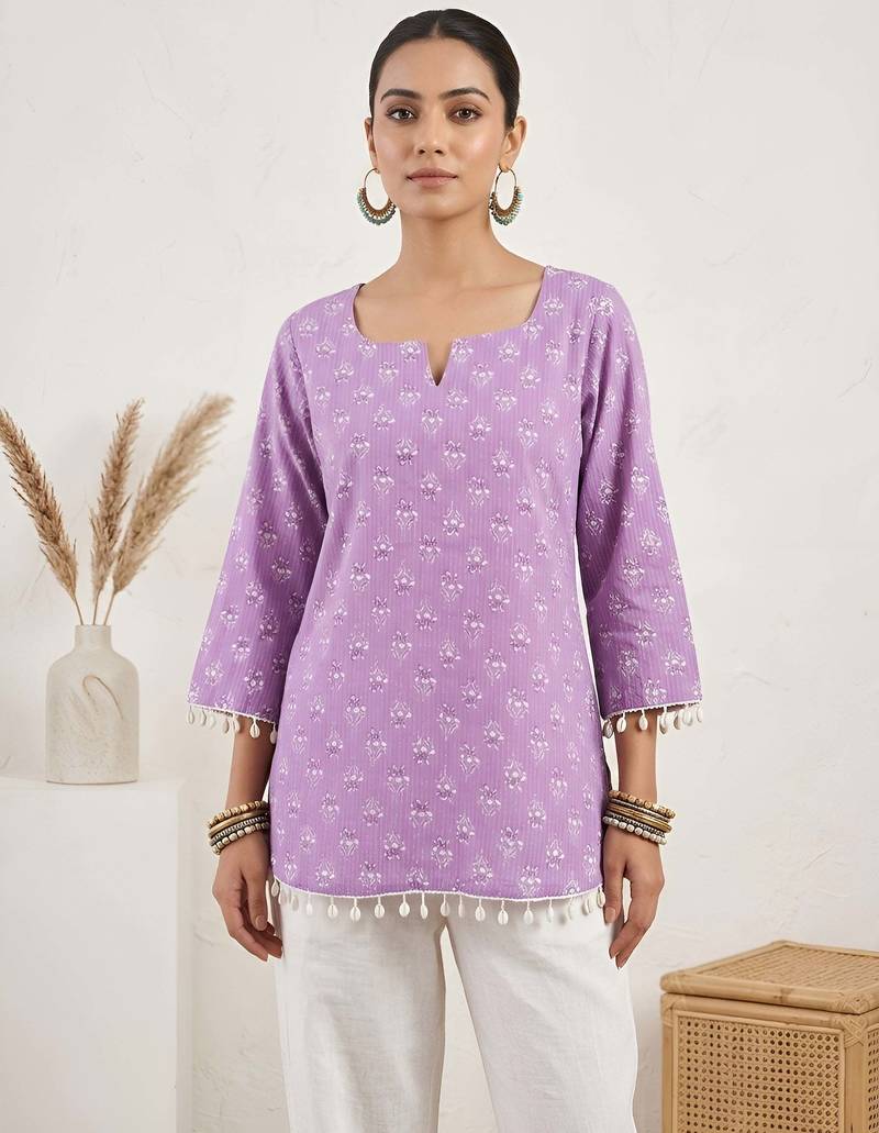 Purple  pure cotton printed tunic for women