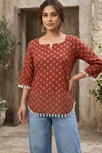 Maroon  pure cotton printed tunic for women