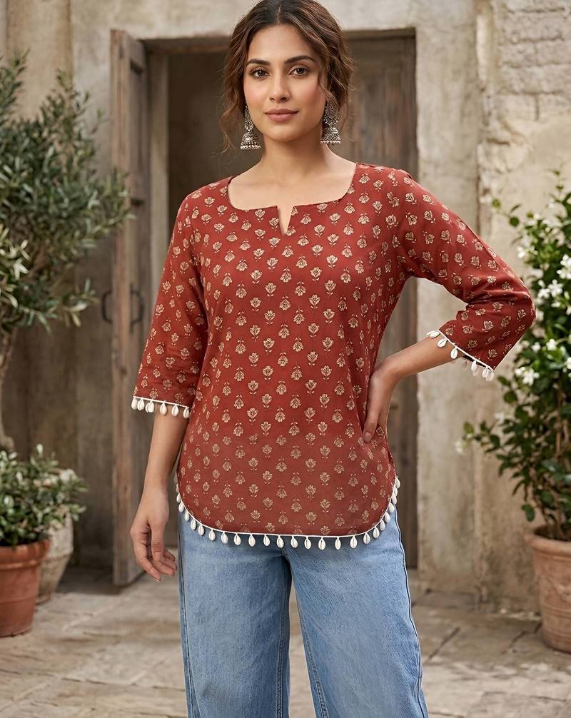 Maroon  pure cotton printed tunic for women