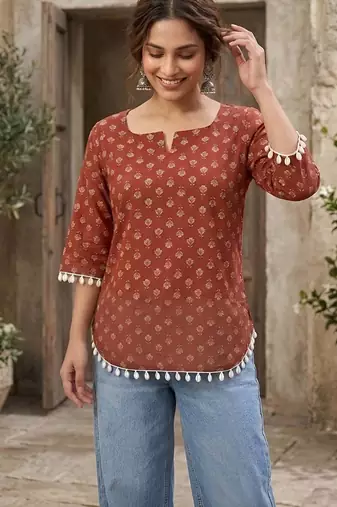 Maroon  pure cotton printed tunic for women