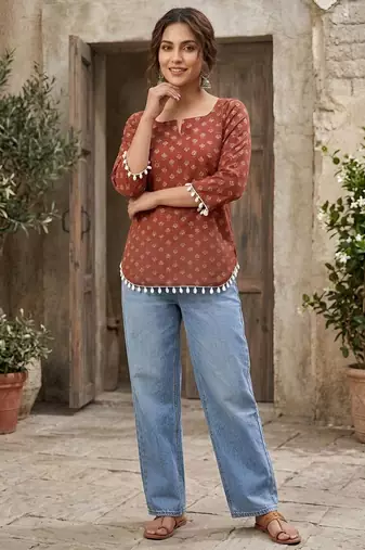 Maroon  pure cotton printed tunic for women