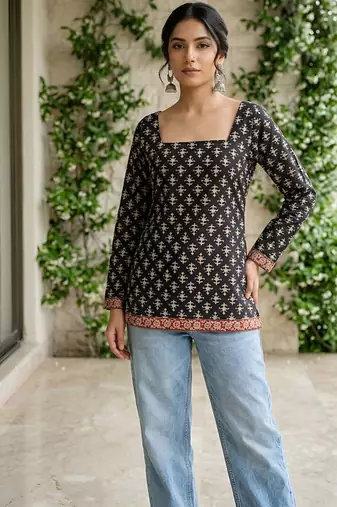 Black  pure cotton printed tunic for women