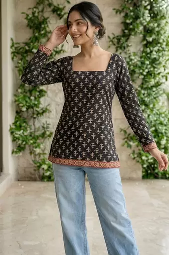 Black  pure cotton printed tunic for women