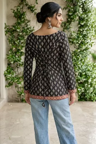 Black  pure cotton printed tunic for women
