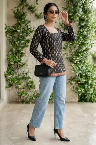 Black  pure cotton printed tunic for women