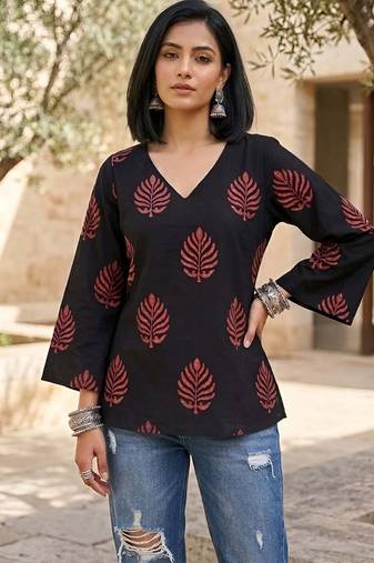 Black  pure cotton printed tunic for women