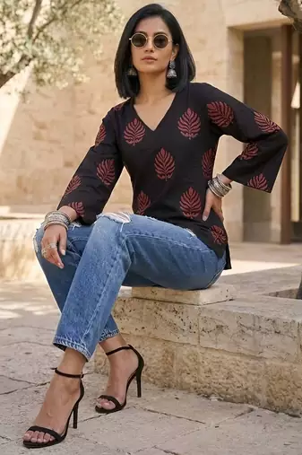 Black  pure cotton printed tunic for women