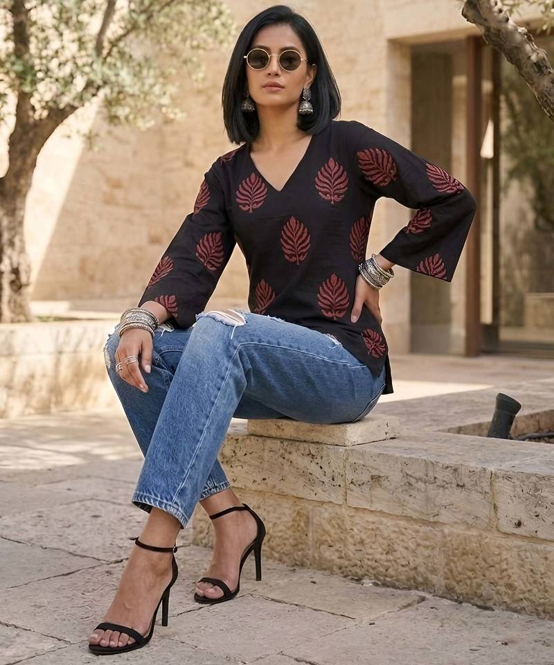 Black  pure cotton printed tunic for women