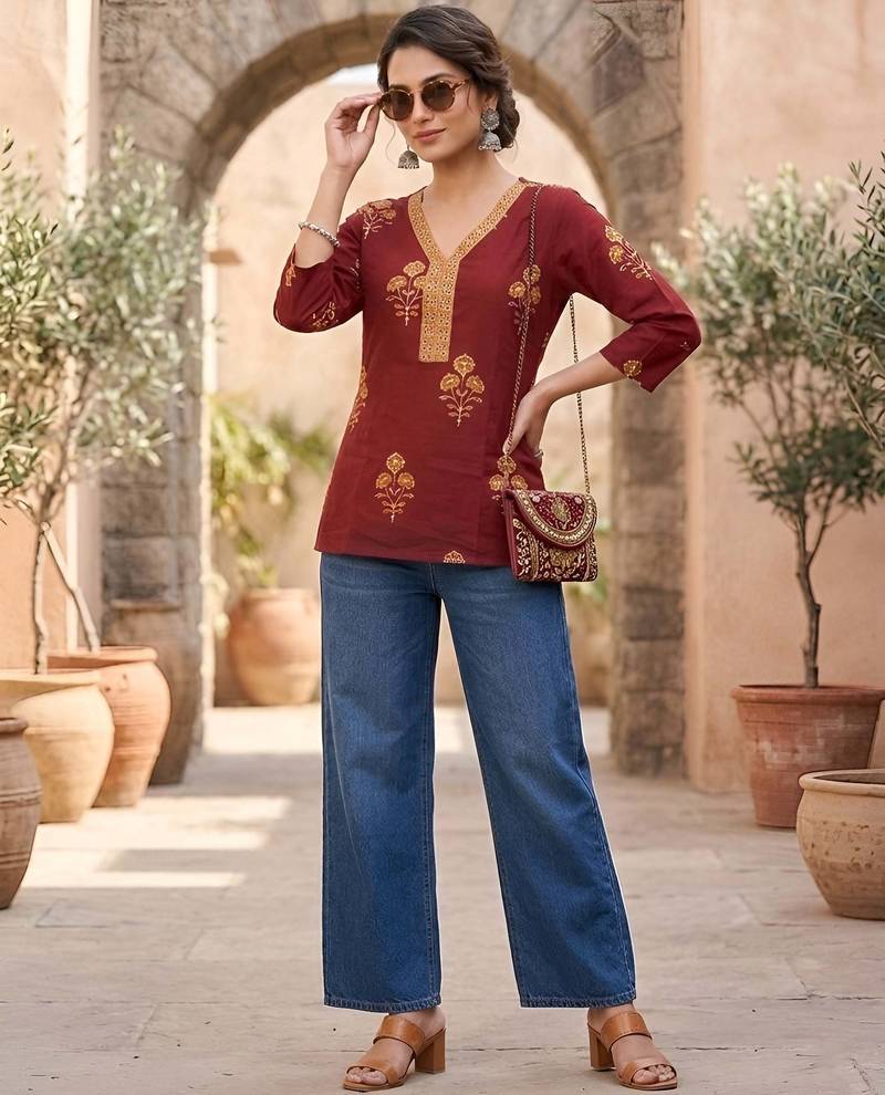 Maroon  pure cotton printed tunic for women