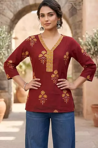 Maroon  pure cotton printed tunic for women