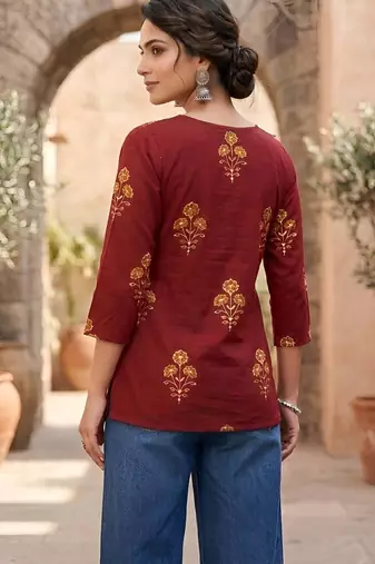Maroon  pure cotton printed tunic for women