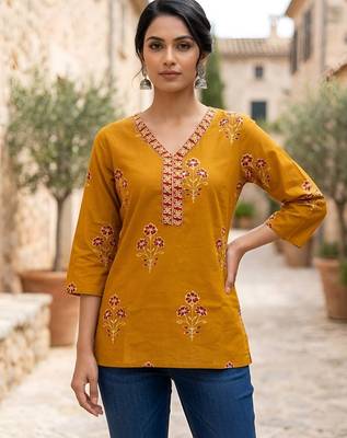Yellow  pure cotton printed tunic for women 1