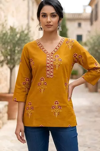 Yellow  pure cotton printed tunic for women