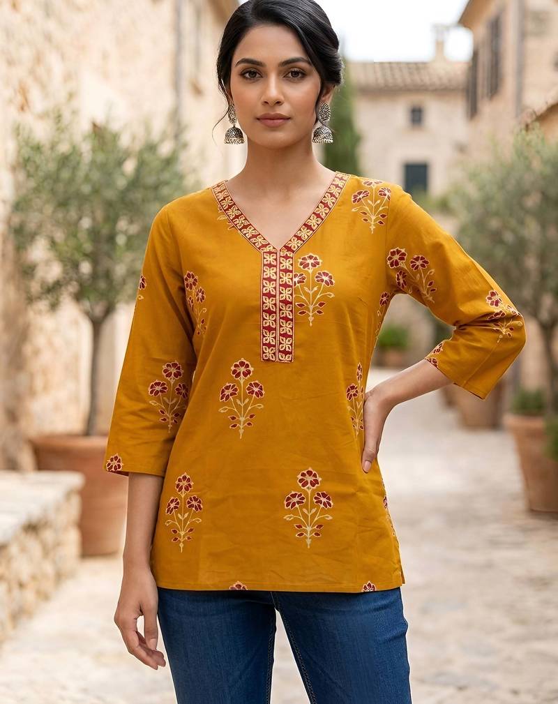 Yellow  pure cotton printed tunic for women