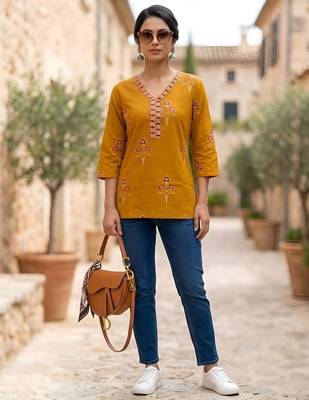 Yellow  pure cotton printed tunic for women 2