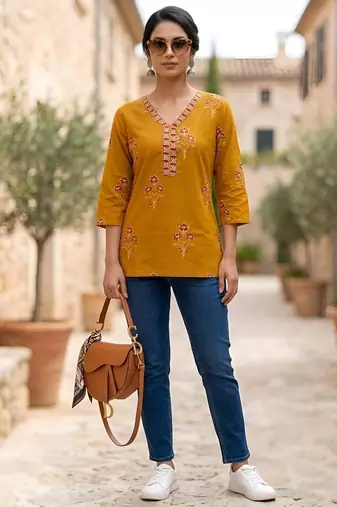 Yellow  pure cotton printed tunic for women