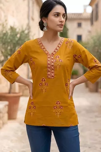 Yellow  pure cotton printed tunic for women