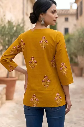 Yellow  pure cotton printed tunic for women