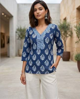 Blue  pure cotton printed tunic for women 1
