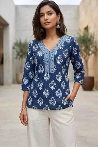 Blue  pure cotton printed tunic for women