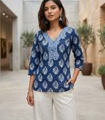 Blue  pure cotton printed tunic for women