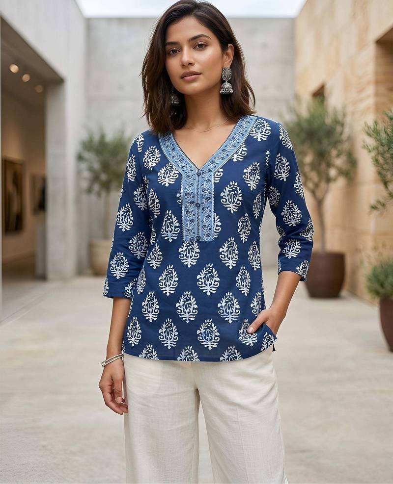 Blue  pure cotton printed tunic for women