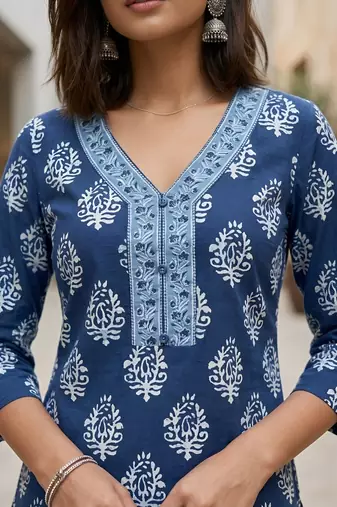 Blue  pure cotton printed tunic for women