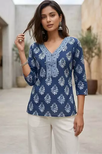 Blue  pure cotton printed tunic for women