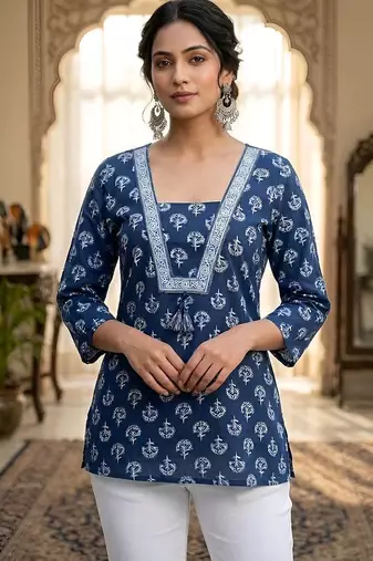Blue  pure cotton printed tunic for women