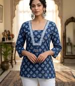 Blue  pure cotton printed tunic for women