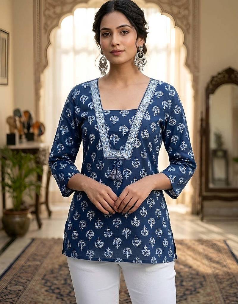 Blue  pure cotton printed tunic for women