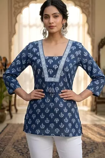 Blue  pure cotton printed tunic for women