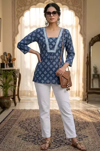 Blue  pure cotton printed tunic for women