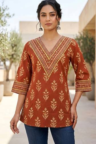 Orange  pure cotton printed tunic for women