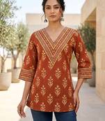 Orange  pure cotton printed tunic for women