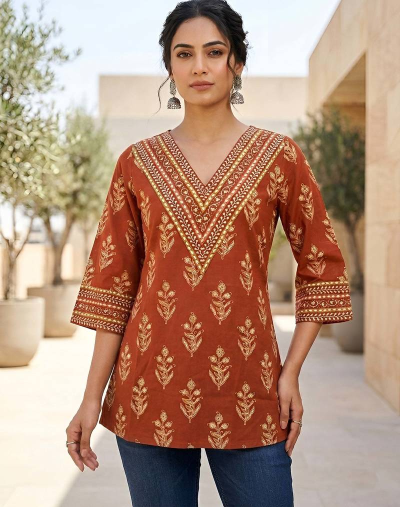 Orange  pure cotton printed tunic for women